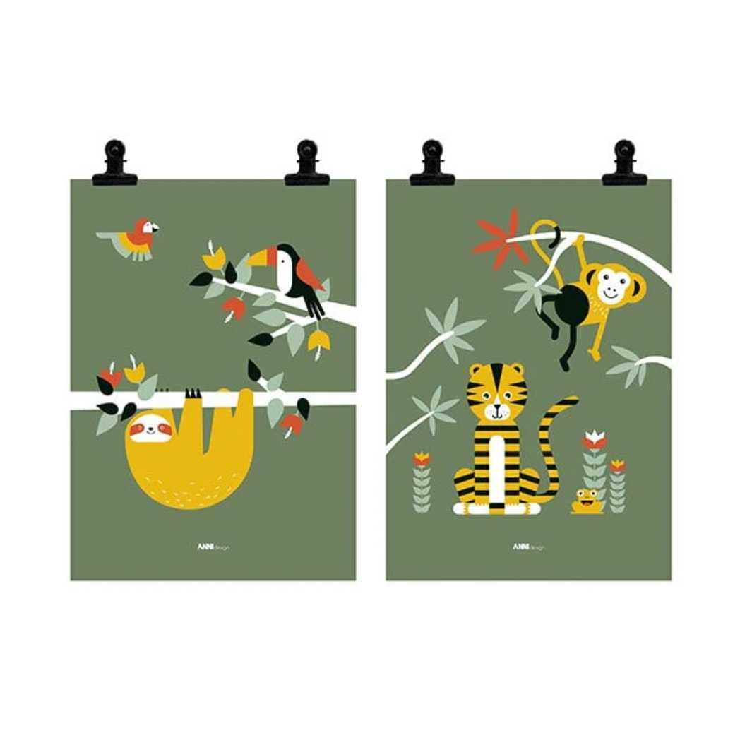 Posterset jungle kinderkamer - tijger + toekan olijfgroen