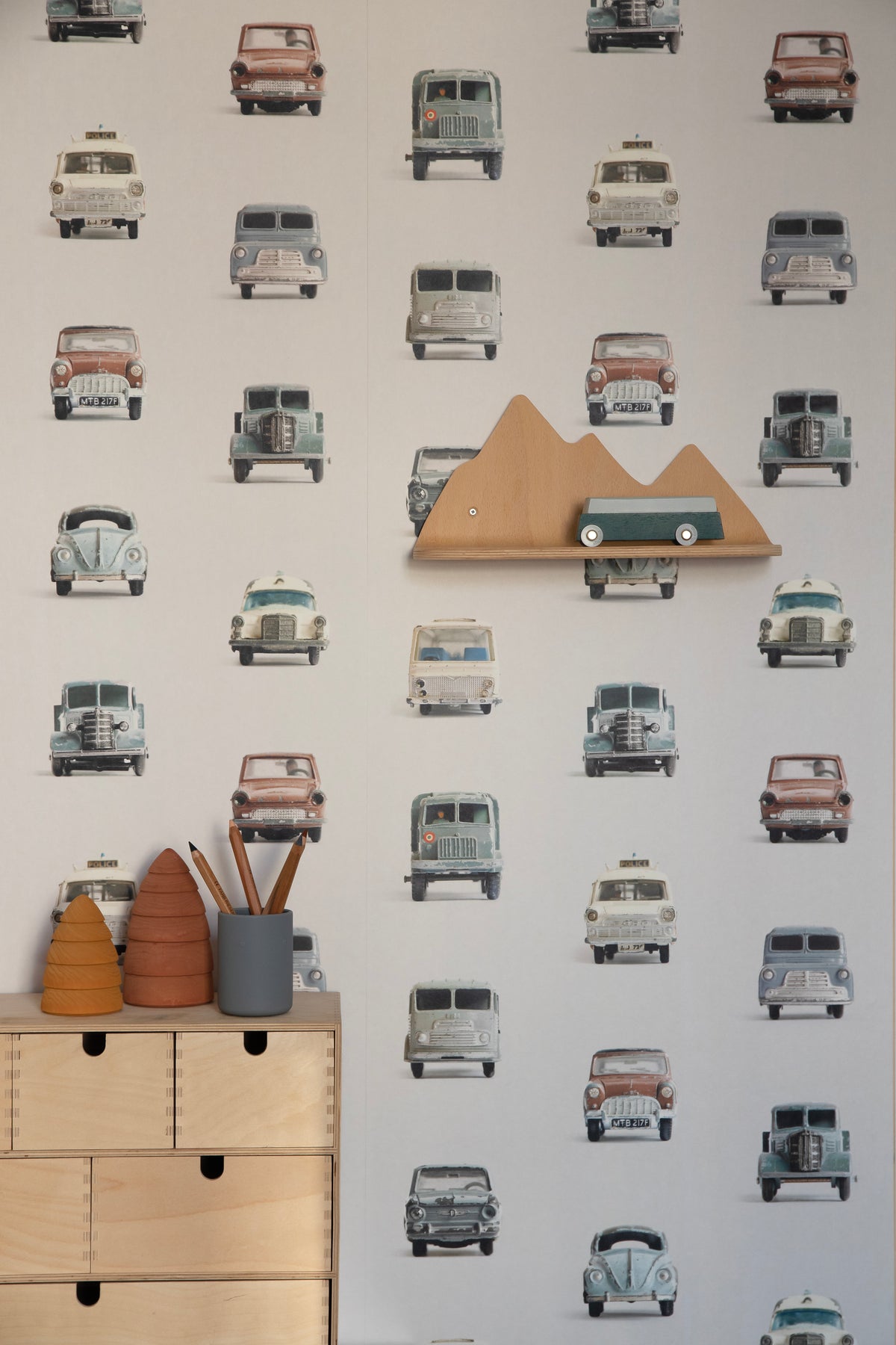 Vintage auto behang - lichtgrijs
