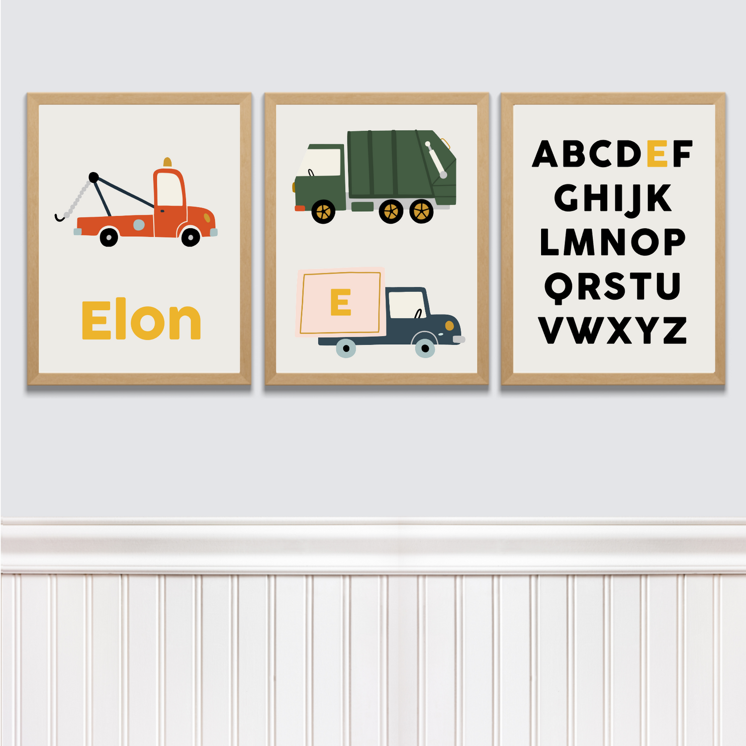 Posterset takelwagen, containerwagen en vrachtwagen met naam