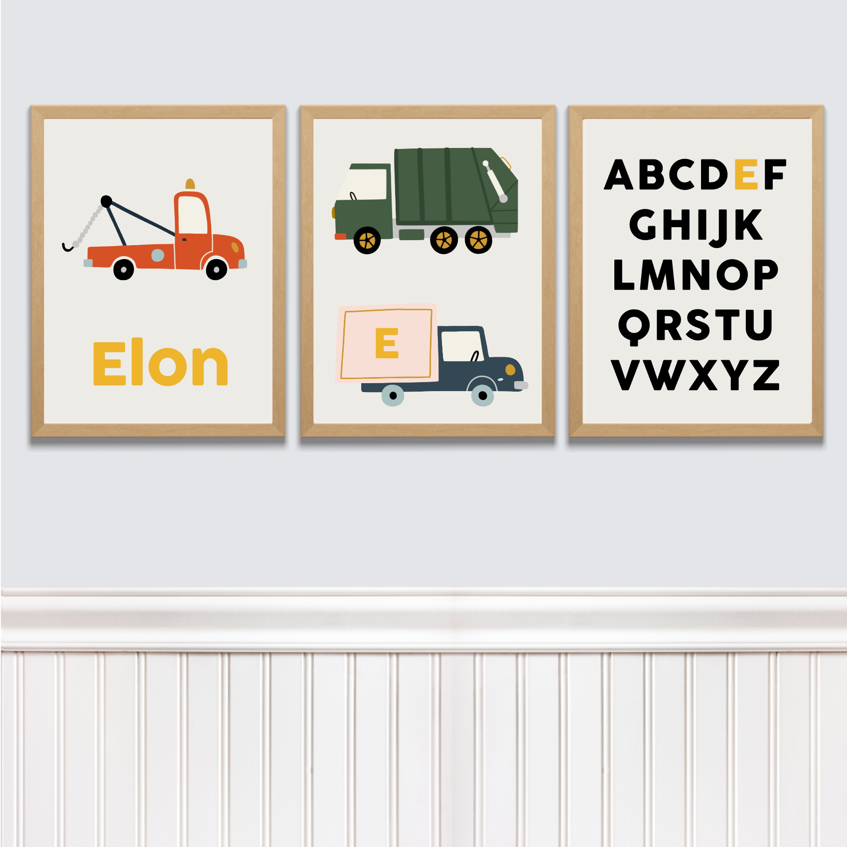 Posterset takelwagen, containerwagen en vrachtwagen met naam