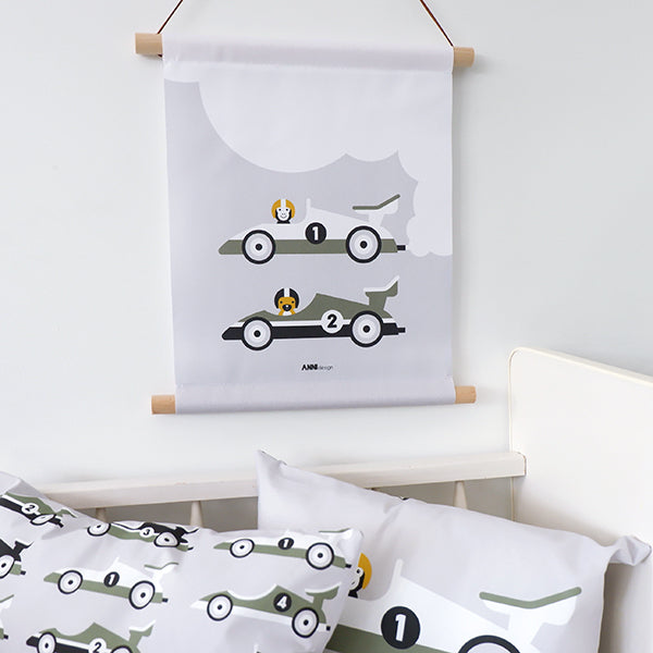 Textielposter kinderkamer raceauto - grijs met olijf groen 30x40 cm