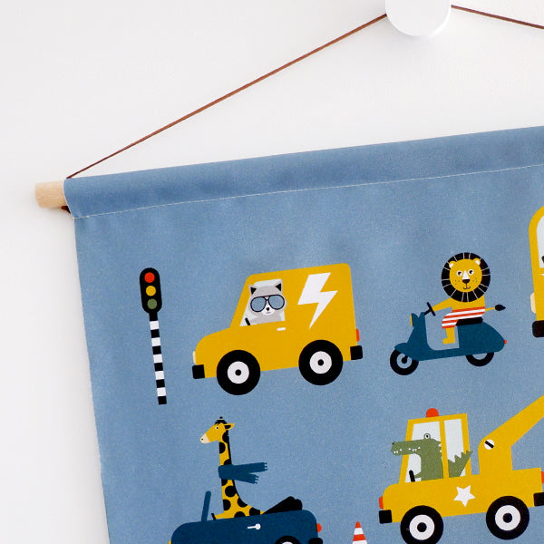 Textielposter 60x40 kinderkamer Dieren onderweg voertuigen - jeans blauw