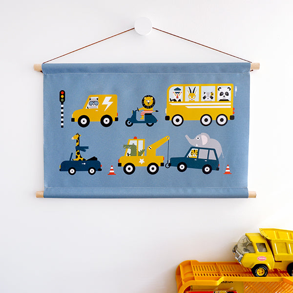 Textielposter 60x40 kinderkamer Dieren onderweg voertuigen - jeans blauw