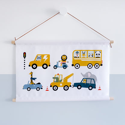 Textielposter 60x40 kinderkamer Dieren onderweg voertuigen - wit