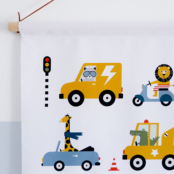 Textielposter 60x40 kinderkamer Dieren onderweg voertuigen - wit
