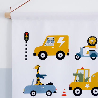 Textielposter 60x40 kinderkamer Dieren onderweg voertuigen - wit