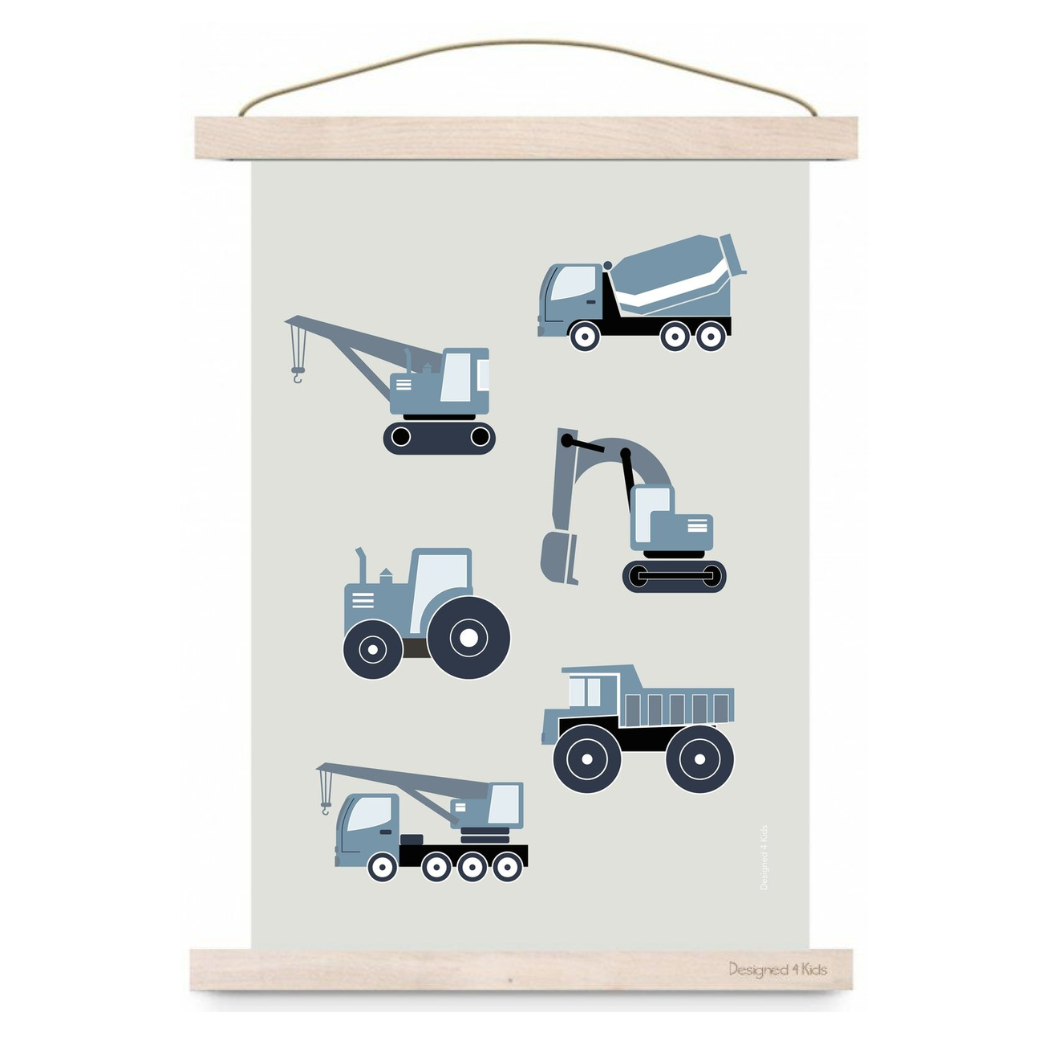 Poster kinderkamer voertuigen - jeansblauw A3