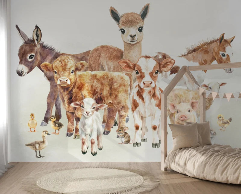Wandvullend behang boerderijdieren - boerderij kinderkamer