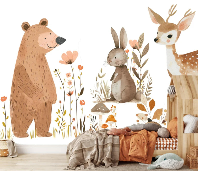 Wandvullend babykamer behang bosdieren hert konijn en beer