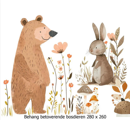 Wandvullend babykamer behang bosdieren hert konijn en beer