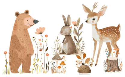 Wandvullend babykamer behang bosdieren hert konijn en beer