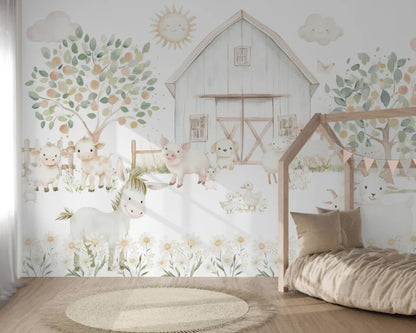 Wandvullend behang boerderijdieren pastel - boerderij kinderkamer