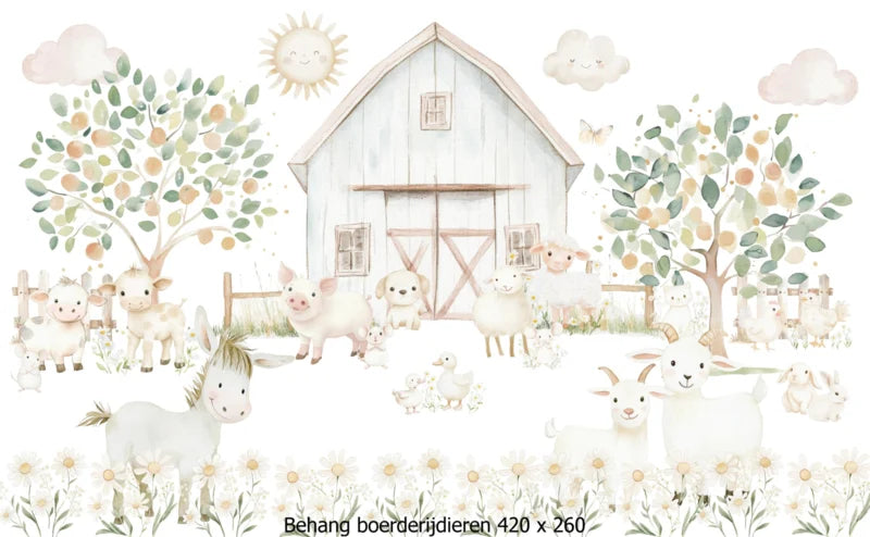 Wandvullend behang boerderijdieren pastel - boerderij kinderkamer