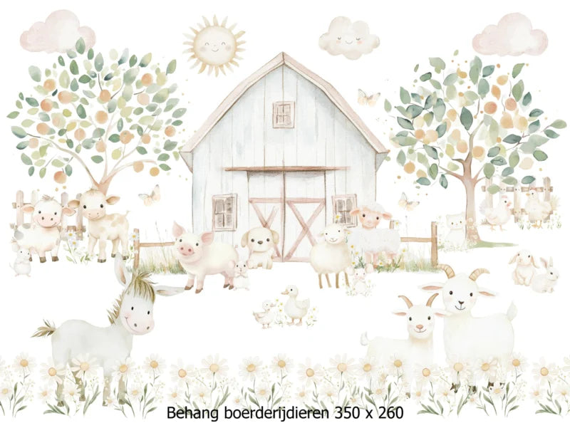 Wandvullend behang boerderijdieren pastel - boerderij kinderkamer