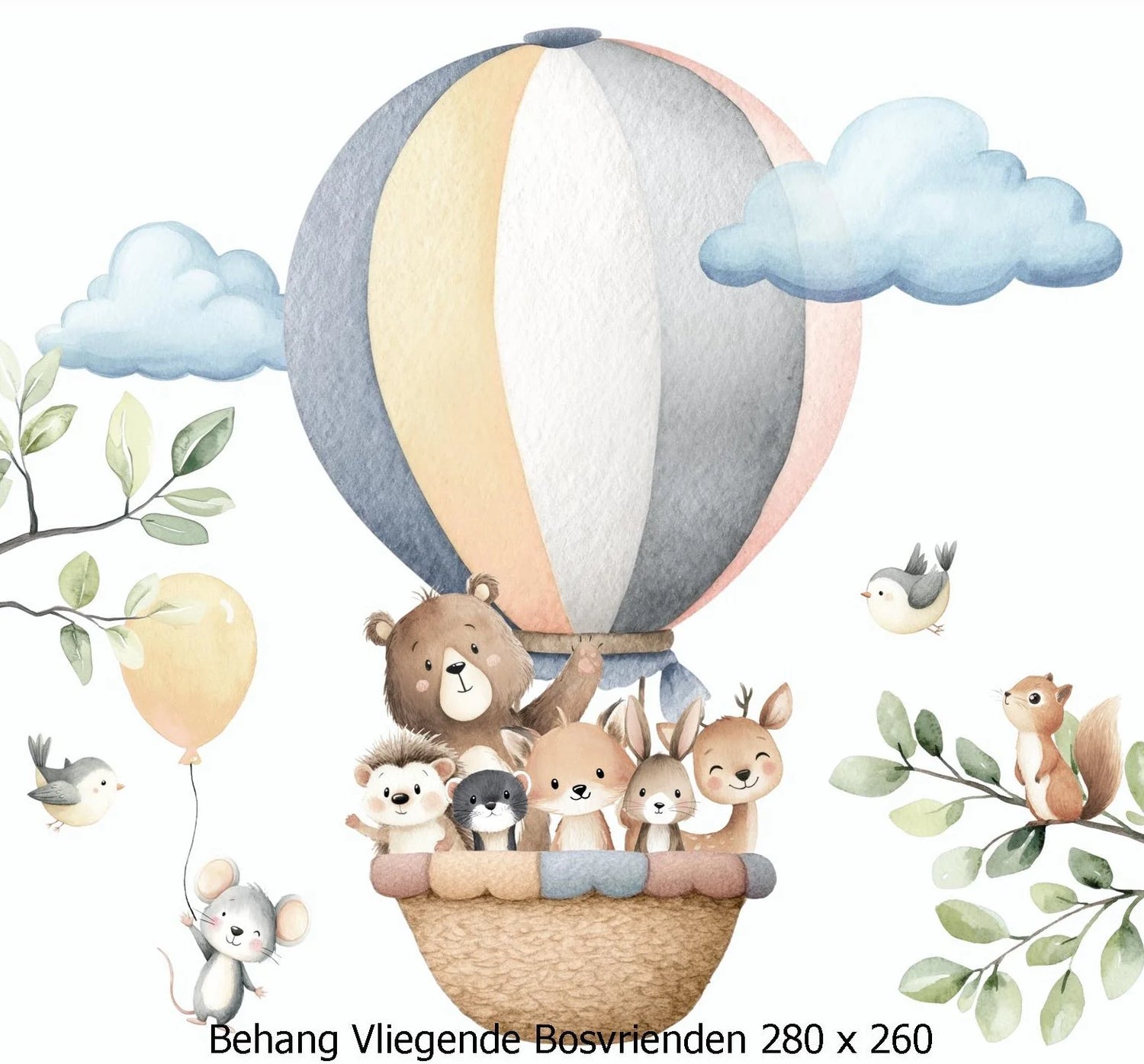 Wandvullend behang bosdieren in luchtballon voor de kinderkamer of babykamer