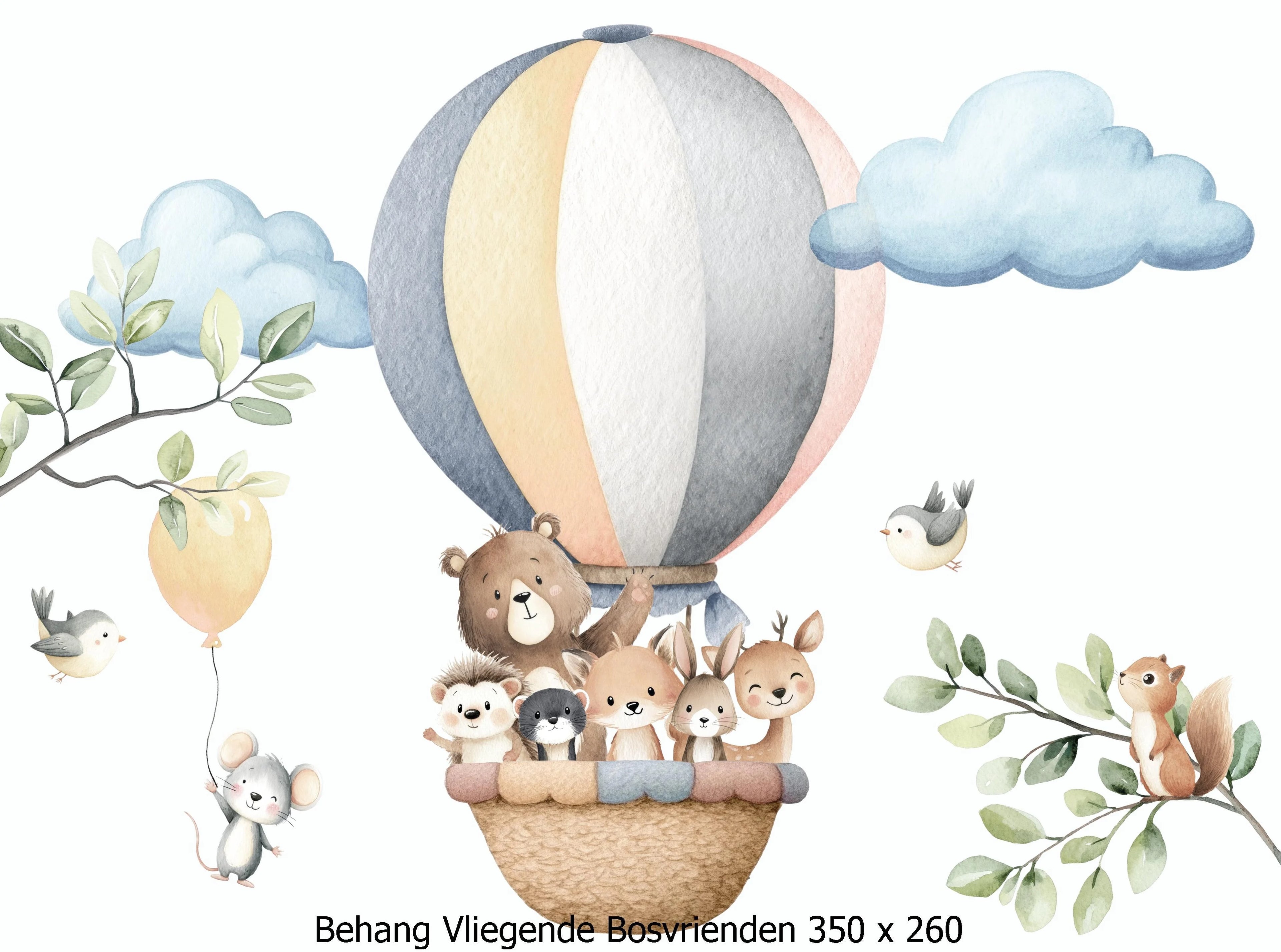 Wandvullend behang bosdieren in luchtballon voor de kinderkamer of babykamer