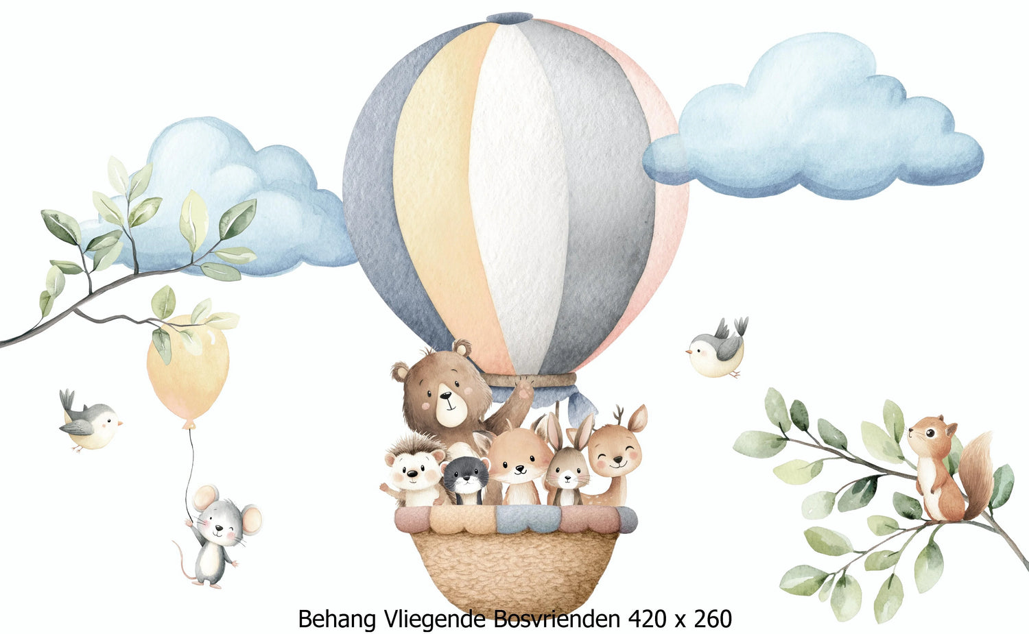 Wandvullend behang bosdieren in luchtballon voor de kinderkamer of babykamer