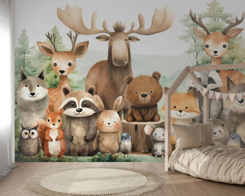 Wandvullend behang bosdieren vrienden kinderkamer babykamer
