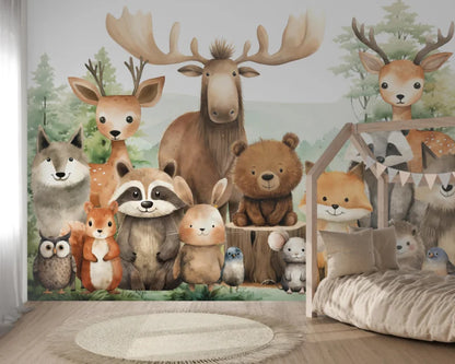 Wandvullend behang bosdieren vrienden kinderkamer babykamer