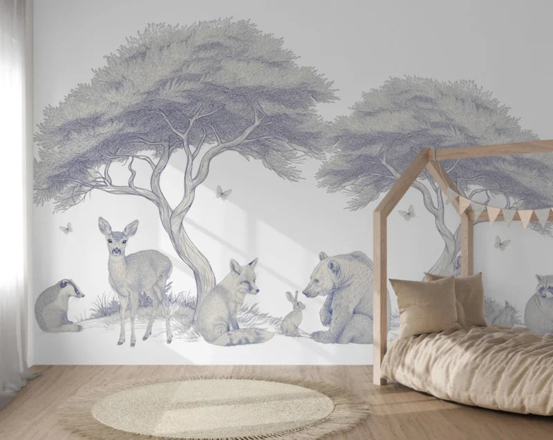 Wandvullend behang getekende bosdieren voor de babykamer of kinderkamer