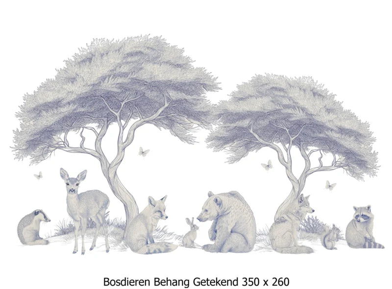Wandvullend behang getekende bosdieren voor de babykamer of kinderkamer
