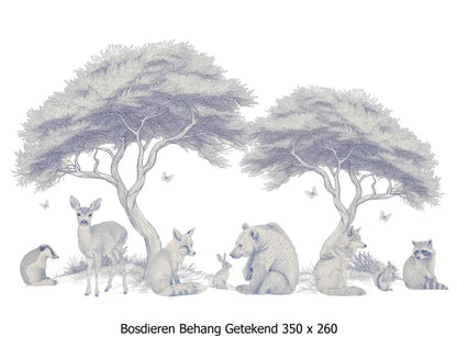 Wandvullend behang getekende bosdieren voor de babykamer of kinderkamer