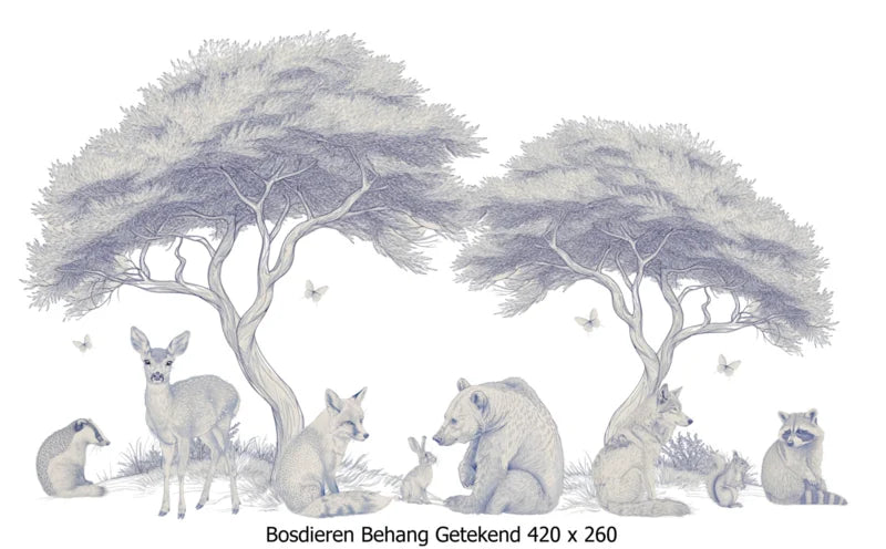 Wandvullend behang getekende bosdieren voor de babykamer of kinderkamer