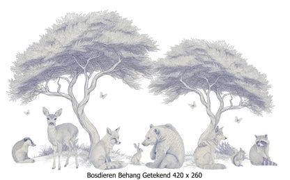 Wandvullend behang getekende bosdieren voor de babykamer of kinderkamer
