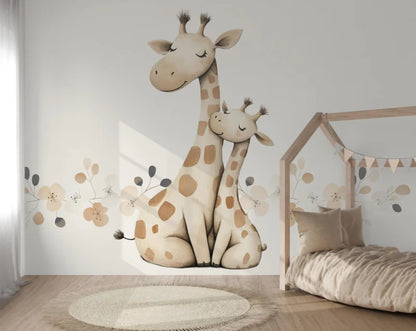 Wandvullend behang giraffe met kleine giraffe voor de kinderkamer of babykamer