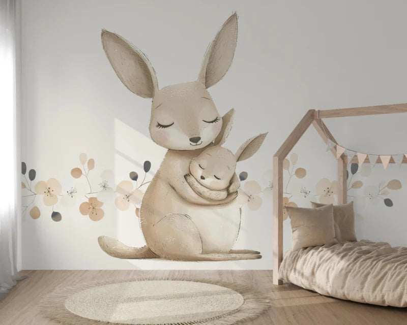 Wandvullend behang kangoeroe met kleine kangoeroe voor de kinderkamer of babykamer