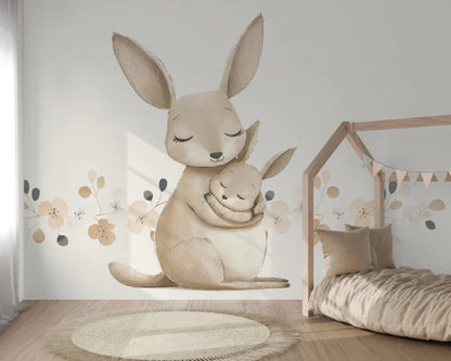 Wandvullend behang kangoeroe met kleine kangoeroe voor de kinderkamer of babykamer