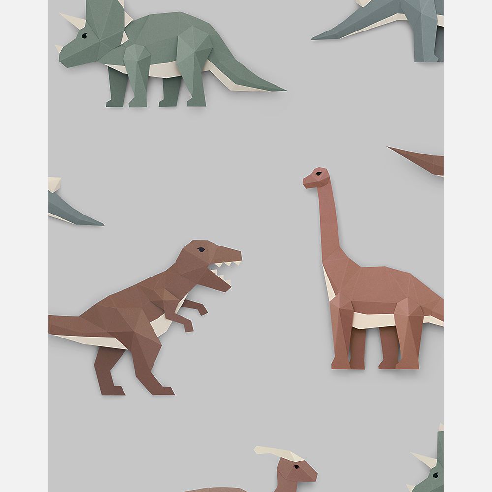 Dinosaurus behang - lichtgrijs