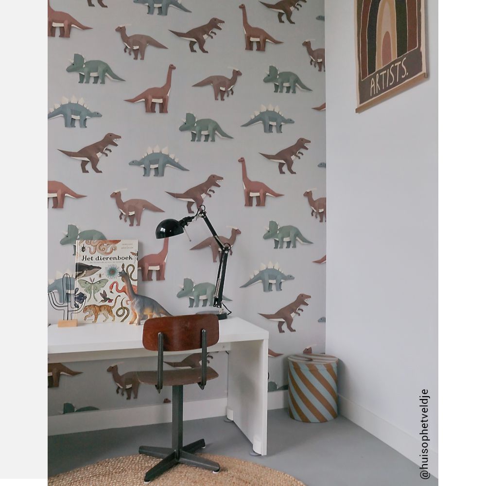 Dinosaurus behang - lichtgrijs