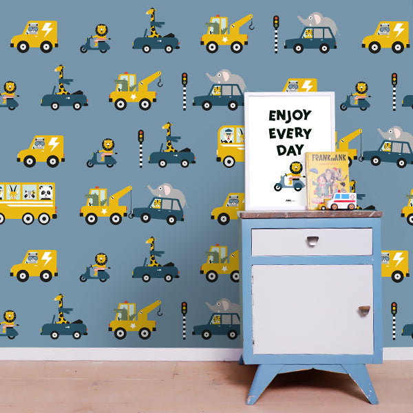 Behang Dieren Onderweg kinderkamer 3 maten in jeans blauw