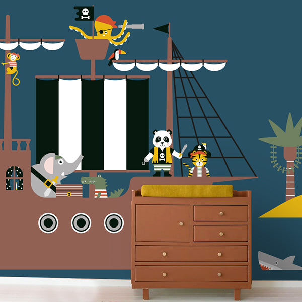 Behang Piraten op piratenschip kinderkamer 3 maten in donker blauw