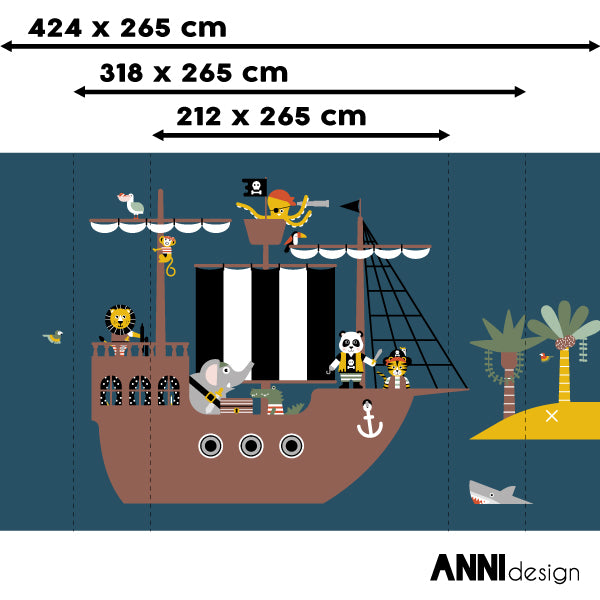 Behang Piraten op piratenschip kinderkamer 3 maten in donker blauw