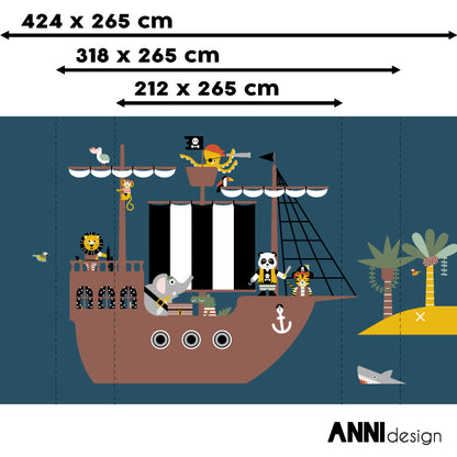 Behang Piraten op piratenschip kinderkamer 3 maten in donker blauw