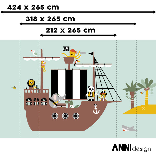 Behang Piraten op piratenschip kinderkamer 3 maten in old green