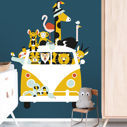 Behang Busje op safari kinderkamer donker blauw