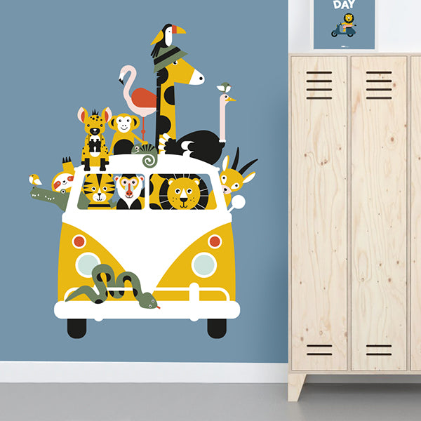 Behang Busje op safari kinderkamer jeans blauw