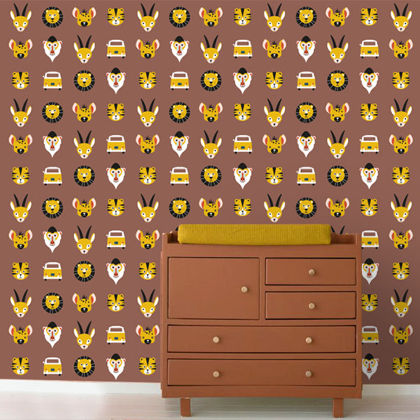 Behangrol Safari dieren kinderkamer terracotta bruin