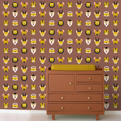 Behangrol Safari dieren kinderkamer terracotta bruin