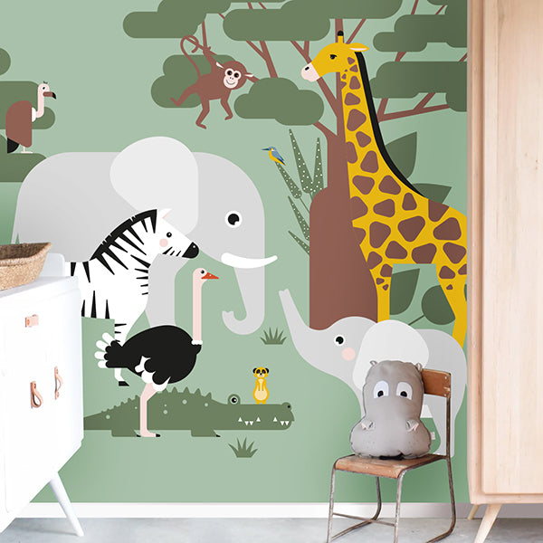 Behang Wildlife kinderkamer 3 maten in zacht groen