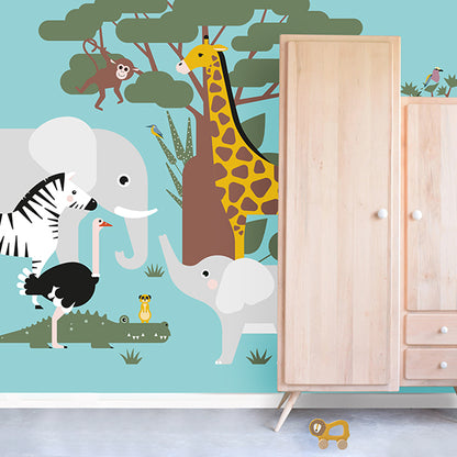 Behang Wildlife kinderkamer 3 maten in licht blauw