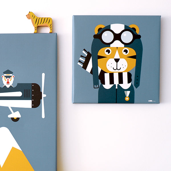 Canvas Piloot Tijger schilderij 30x30 voor Vliegtuigen kamer - jeans blauw