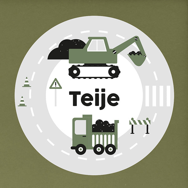 Deursticker rond Graafmachine met naam - olijf groen