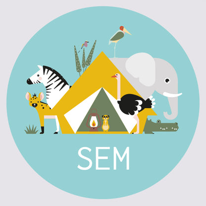 Deursticker rond Tent Wildlife met naam - licht blauw