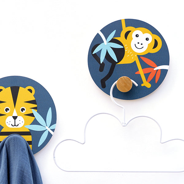 Kapstokjes Aap en Tijger kinderkamer - donker blauw