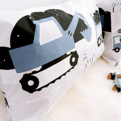 Kussen L kinderkamer Graafmachine en Vrachtwagen - jeans blauw (inclusief binnenkussen)