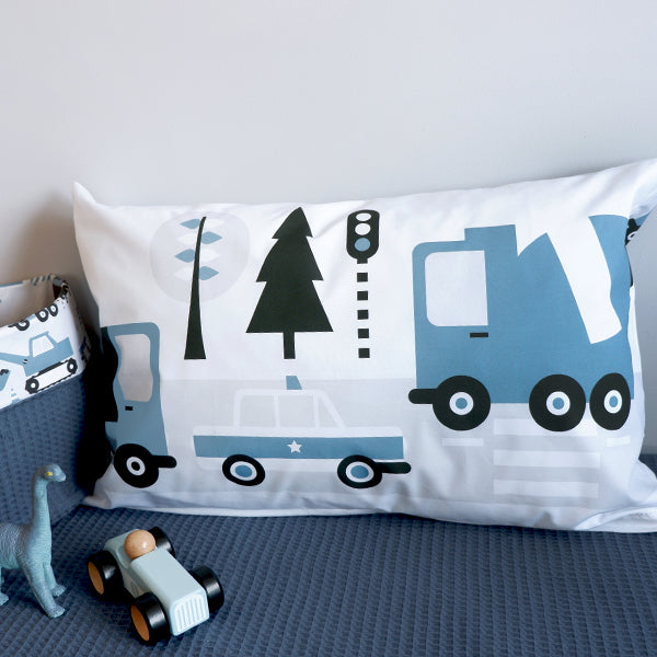 Kussen L kinderkamer Auto en Vrachtwagen - jeans blauw (inclusief binnenkussen)